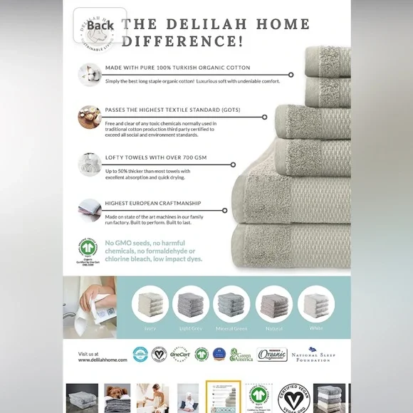 NWT (2) Turkish Organic Cotton Bath Towels, Mineral Green, Delilah Home - Picture 2 of 9